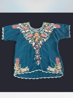 🌸 Johnny Was Teal Embroidered Blouse L 🌺 Boho Floral Magic